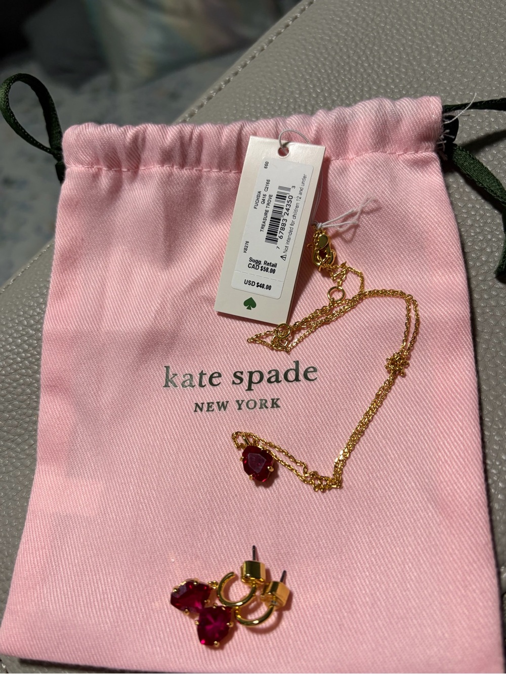 kate spade gold-tone chain necklace and ruby-pink crystal drop earrings - Picture 1 of 3